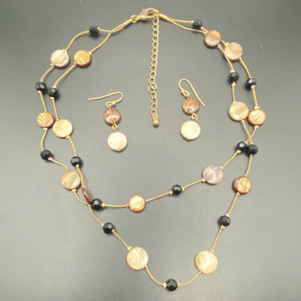 Beaded Station Necklace Earring Set Park Lane Style Unmarked Shell Glass Earthy - Picture 12 of 12